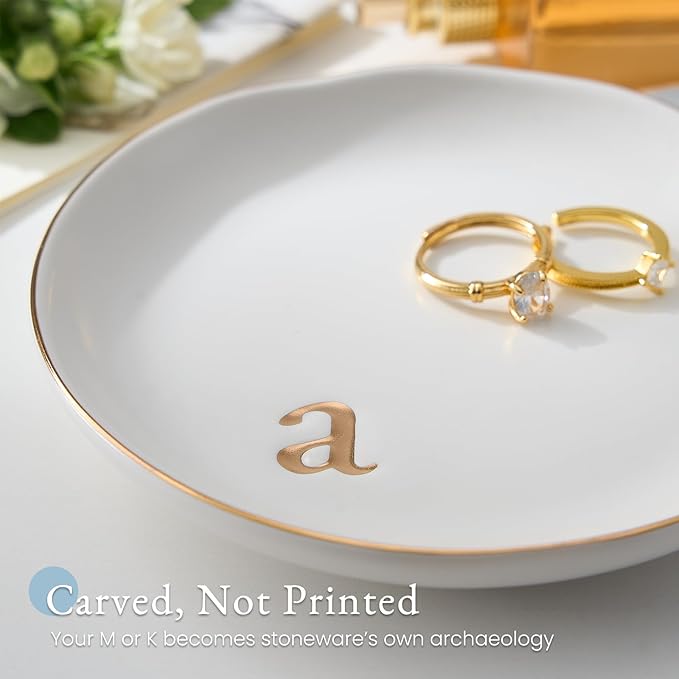 Lolalet Handmade Ceramic Ring Dish Jewelry Tray Plate with Initial, Small Monogram Gift for Her Women Girls Mother, Hostess, Engagement, Bridal Shower, Maid of Honor, Bridesmaid, Birthday, Christmas