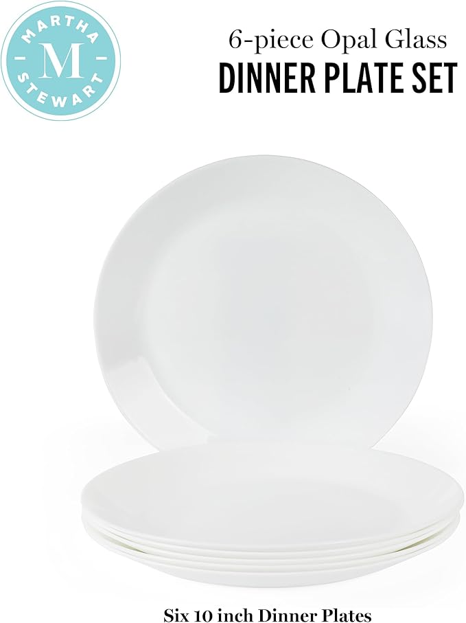 Martha Stewart Opalton 6-Piece 10-Inch Dinner Plates – Chip and Break Resistant Opal Glass Plates, Durable and Lightweight Dinnerware Set for Everyday Use
