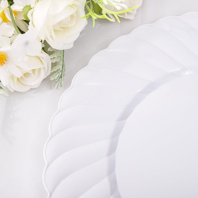 U-QE 100 Pieces White Plastic Plates - 9 Inch White Disposable Plates - Washable & Reusable - Premium Hard Plates - Party Supplies for Party, Celebrations, Travel, Wedding, Party and Events