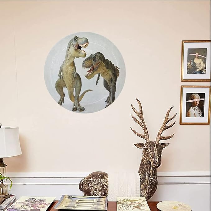 Ceramic Display Plate, Dinosaur Ceramic Hanging Decorative Plate, Tyrannosaurus Rex Pair Facing Off Ferocious Creatures, 7 Inch, Living Room Kitchen Decoration Household, Ivory Brown Grey
