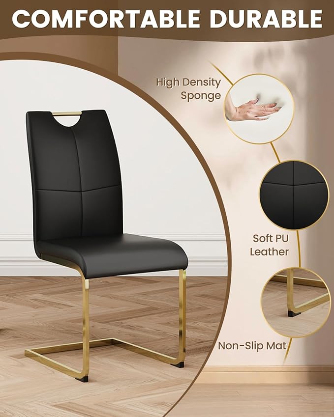 47.2" Round Glass Dining Table Set for 6, Modern 7 Piece Kitchen Table Set with Gold Stainless Steel Base & 6 PU Leather Accent Chairs, Saving Space, Dining Set for Apartment, Home - Black Chair
