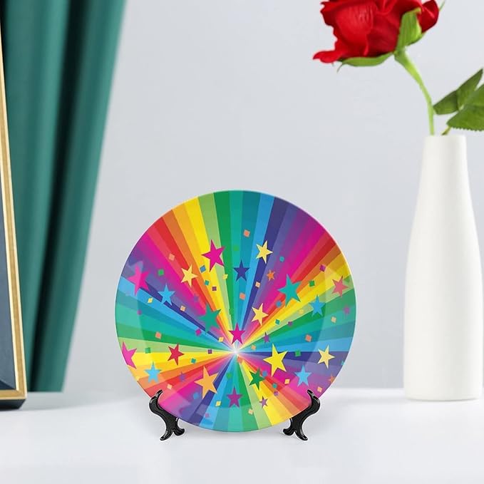 Ceramic Plates, Abstract Decor Decorative Ceramic Plates, Abstract Rainbow and Stars Confetti Rays Striped, 6 Inch, for Dining, Parties, Wedding, Multy