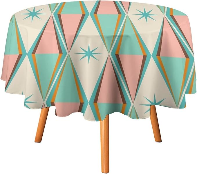 Mid Century Round Tablecloth, Vintage Bohemian Modern Mid-Century 50s 60s Print Tablecloth for Home Party Dining Room Kitchen Decor 70Inch(178cm)