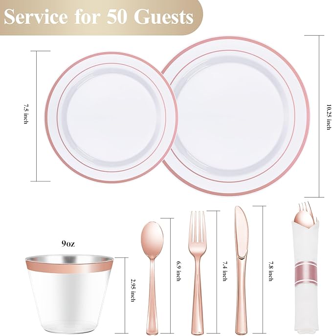 350 PCS White and Rose Gold Plastic Dinnerware Set for 50 Guests, 100 Plates for Party, 50 Pre Rolled Napkins with Gold Silverware, 50 Cups