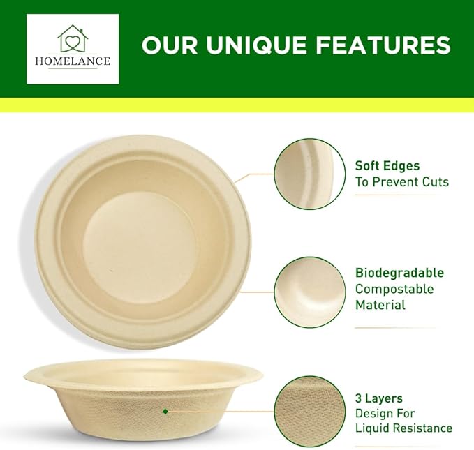 Compostable Bowls 12 OZ/350ml 150Pcs – Bamboo & Bagasse Disposable Bowls for Hot Soup-Temperature Resistant & Microwave Safe – Paper Bowls Disposable for Daily Meals