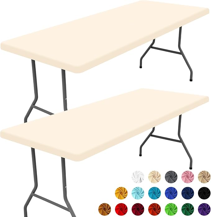 Spandex 6 Foot Rectangle Table Cloth 2 Pack, Elastic Fitted Tablecloths for Picnic, Stretch Washable Patio Table Cover for Outdoor, Camping, Banquet and Parties (Champagne, 30"x72")