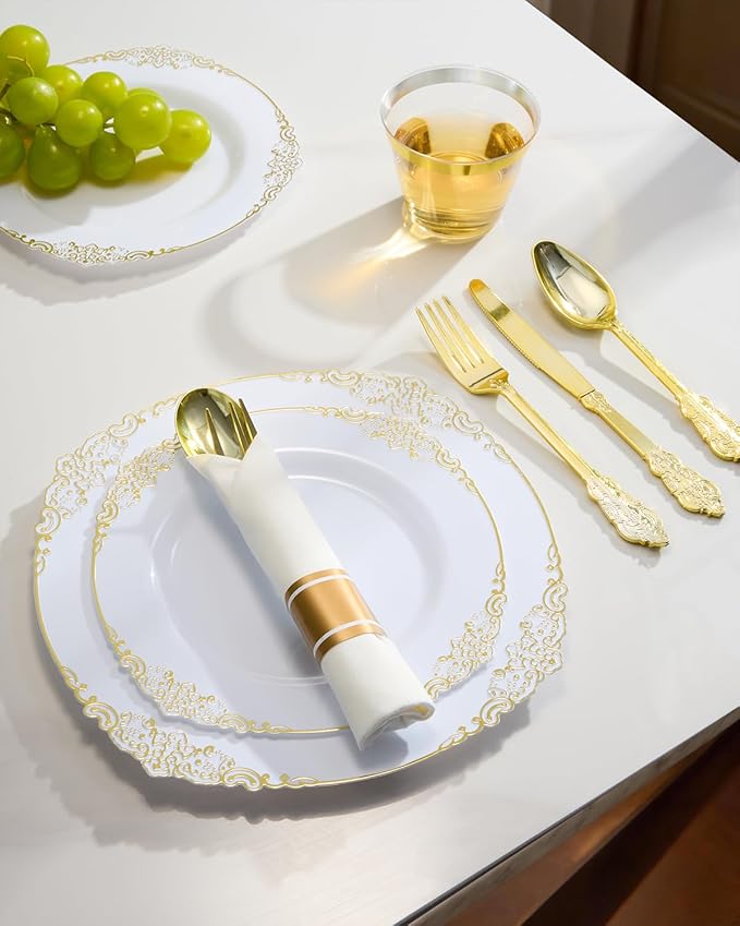 Goodluck 350 Piece Gold Plastic Dinnerware Set for 50 Guests, Fancy Disposable Plates, Include: 100 Gold Rim Plastic Plates, 150 Silverwares, 50 Pre Rolled Napkins, 50 Cups for Party, Wedding