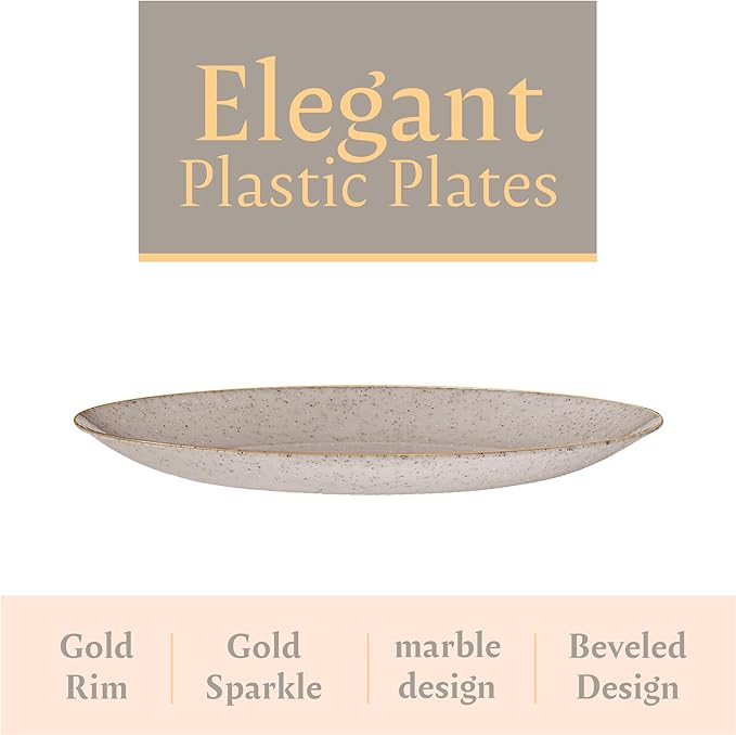 PLASTICPRO 30 Pack Disposable Plastic Plates Heavyweight Granite Look Elegant 9 inch Dinner Plates Grey with Gold Rim