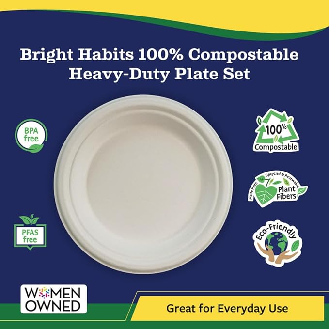 7” Compostable Plates, 125-Pack | Biodegradable Sugarcane | Sturdy, Microwave-Safe Disposable Plates for Parties & Events