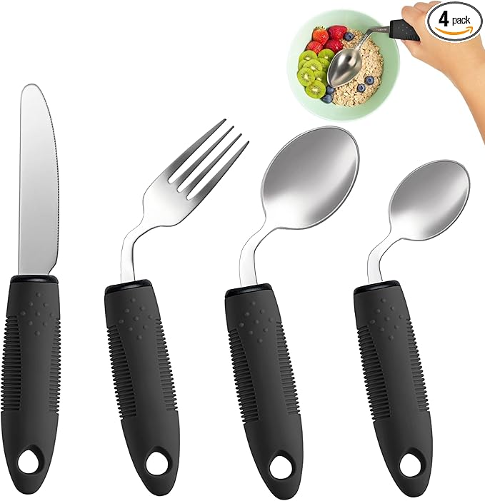 4-Piece Adaptive Utensils Set - 42° Angled Parkinsons Utensils, 2.5 oz Weighted Utensils for Tremors and Parkinsons Patients, Easy Grip Weighted Silverware for Hand Tremors (Left-Handed)