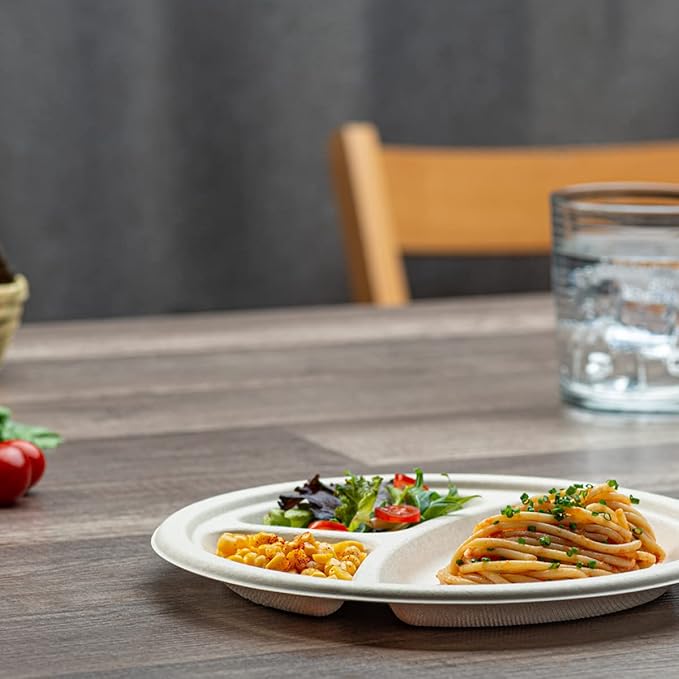 GUSTO [9 Inch - 125 Count Heavy-Duty 100% Compostable, 3 Compartment Eco-Friendly, Kraft Disposable Sugarcane Paper Plates - Brown Unbleached (Formerly Comfy Package)