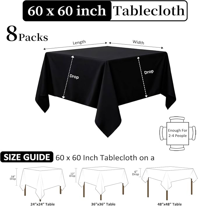 8 Pack Black Tablecloths 60 x 60 Inch Square Tablecloth, Wrinkle Resistant Black Table Cloth Washable Polyester Fabric for Party Wedding Banquet