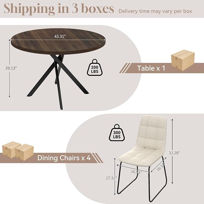44" Round Dining Table with Cozy Chair Set for 4, Modern Mid-Century Dining Table Set of 4, Dinette Sets with Metal Leg for Kitchen Dining Room Apartment(Walnut Table + Beige Chairs)