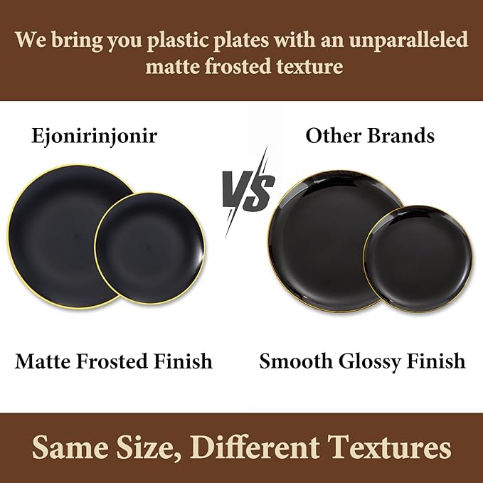 EI enjonirinjonir 80pcs Black and Gold Dinner Plates Disposable 10.25inch,Plastic Party Plates with Gold Rim,Black Plastic Matte plate Frosted Disposable Heavy Duty,Elegant for Wedding/Tea Party