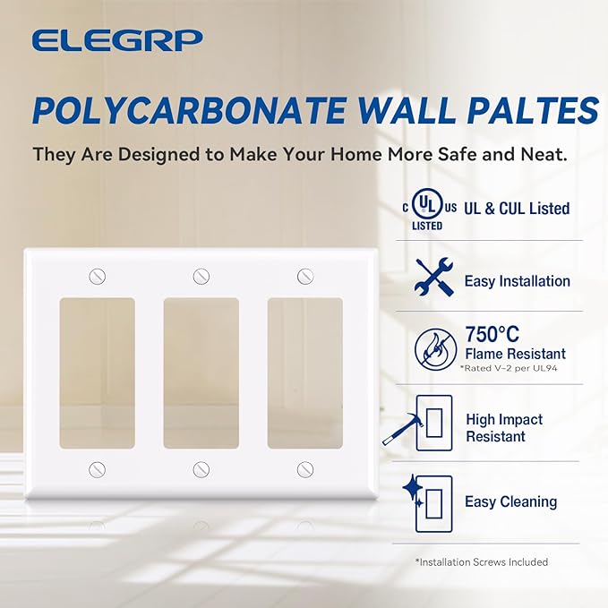 ELEGRP 3-Gang Decorative Wall Plates, Standard Size 4.53" H x 6.39" L Unbreakable Thermoplastic Faceplate Cover for Decorator Receptacle Outlet Switch, UL Listed (1 Pack, Glossy White)