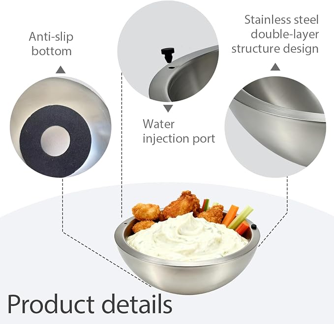Dip Chiller Bowl Large 70oz Capacity Stainless Steel Double Walled Insulated Ice Serving Bowl Insulated Dip ice bowl Parties Salsa Condiments Salad & Food Hot or Cold Sauces Guacamole