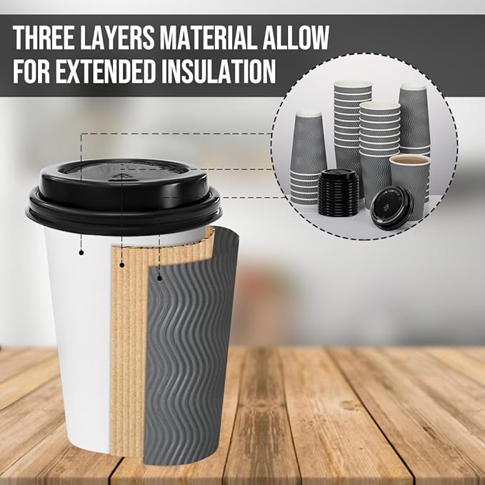 100 Pack 16 oz Coffee Cups with Lids, Disposable Insulated Hot Cups To Go Paper Coffee Cups, Corrugated Ripple Wall Cup for Hot Drink, Office, Coffee Bar (Grey 16 oz)