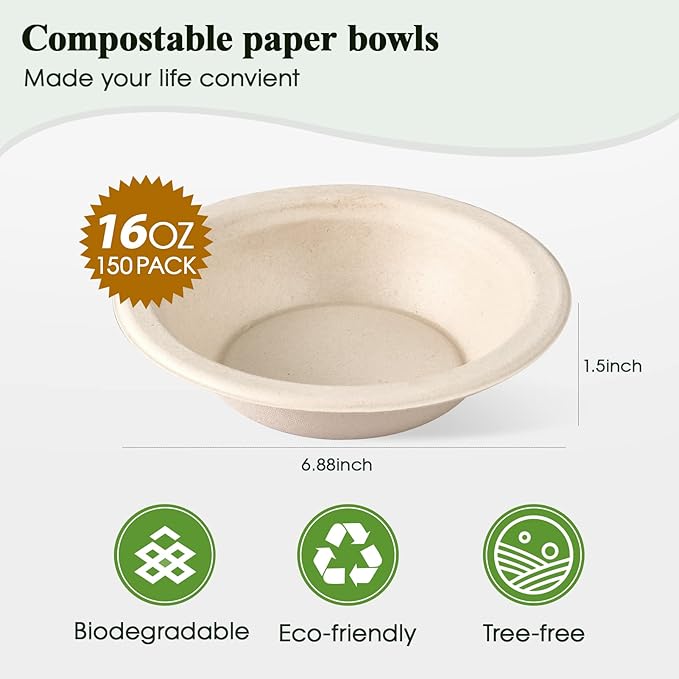 ECOLipak 150 Pack Compostable Disposable Paper Bowls, 16 OZ Bagasse Heavy duty Biodegradable Eco Friendly Sugarcane Soup Bowls for Salad Dessert(Nature)