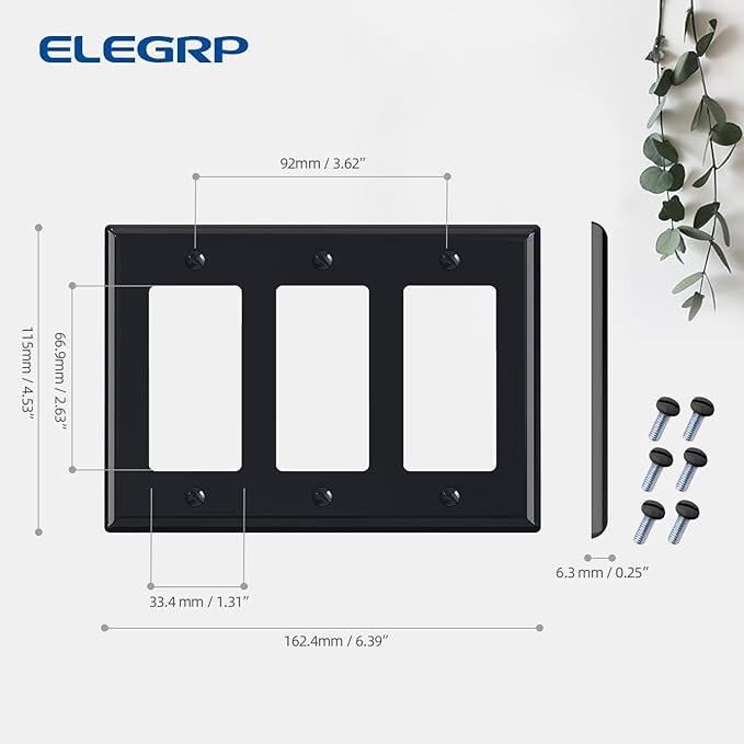 ELEGRP 3-Gang Decorative Wall Plates, Standard Size 4.53" H x 6.39" L Unbreakable Thermoplastic Faceplate Cover for Decorator Receptacle Outlet Switch, UL Listed (2 Pack, Glossy Black)
