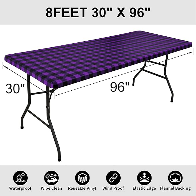 Smiry Rectangle Picnic Table Cloth, Elastic Waterproof Fitted Vinyl Tablecloths, Flannel Backed Buffalo Plaid Table Covers for Dining, Camping, Outdoor (Black and Purple, 30" x 96")