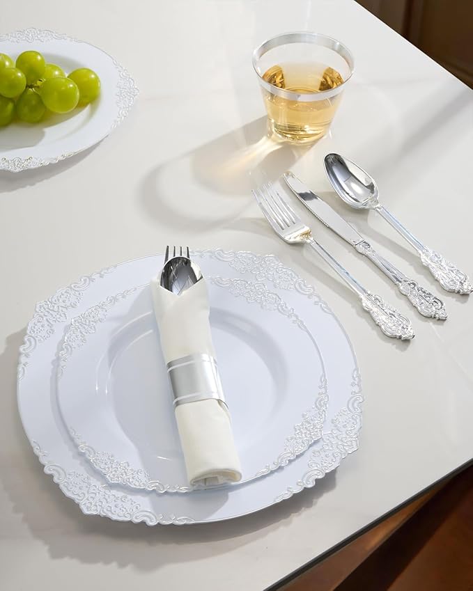 Goodluck 350 Piece Silver Plastic Dinnerware Set for 50 Guests, Fancy Disposable Plates, Include: 100 Silver Rim Plastic Plates, 150 Silverwares, 50 Pre Rolled Napkins, 50 Cups for Party, Wedding