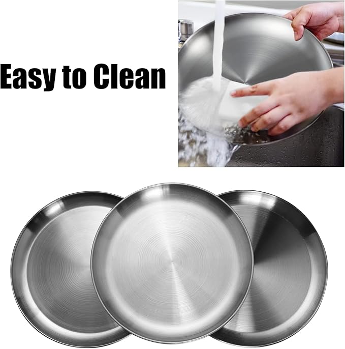 Stainless Steel Plates 9 inch 304 Metal Lightweight Unbreakable Dinner Dishes Plates Set Non-Toxin Dishwasher Safe BPA Free and Healthy (10 Pcs)
