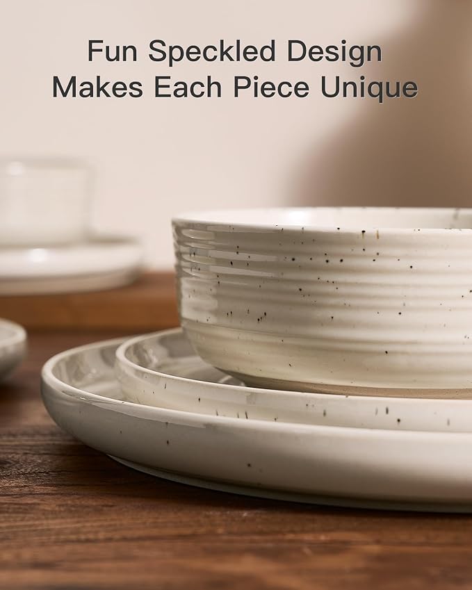 Plates and Bowls Sets for 6 (18-Piece) Stoneware Reactive Glaze Dinnerware with Speckles & Spirals, Chip and Scratch Resistant Flared Dishes Set with Gift Box, Microwave Dishwasher Safe, Shell Beige