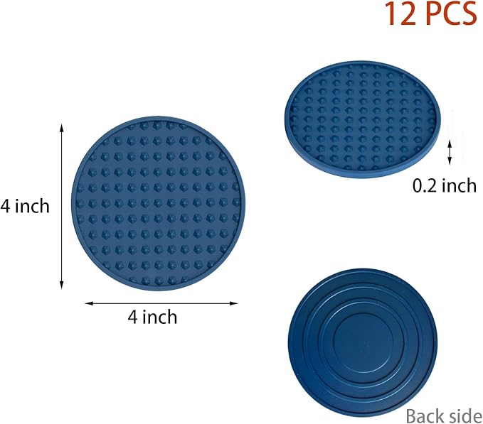 Set of 12 Silicone Coasters, 4'' Drink Coaster with Holder, Round Coasters for Drinks Beer Coffee Home Office Bar Desk Tabletop Protection, Non-Slip Rubber Coaster (Navy Blue, 12 Pcs-Plastic Holder)