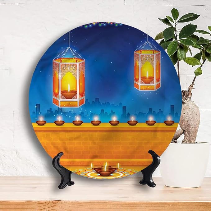 Ceramic Plates, Diwali Decorative Ceramic Plates, Diwali Night Candles, 8 Inch, for Dining, Parties, Wedding, Multicolor