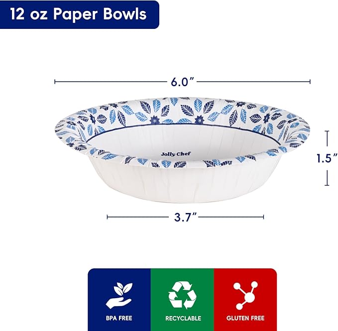 JOLLY CHEF 156 Count Paper Bowls 12 oz Soak Proof, Heavy Duty Printed Disposable Small Bowls Bulk for Dinner or Thanksgiving