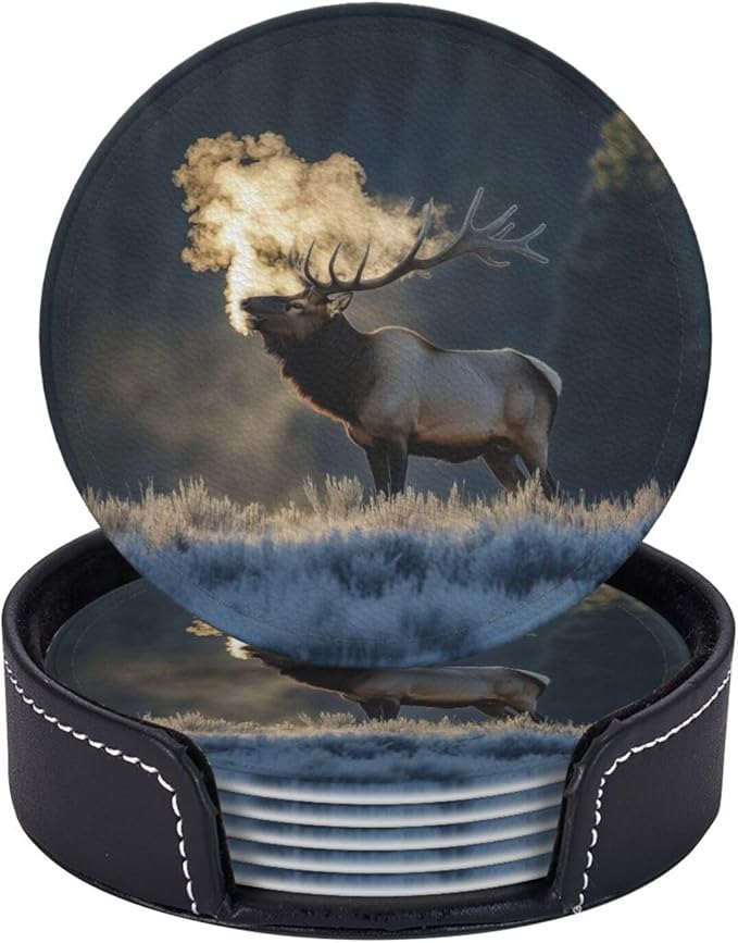 Majestic elk steam Printed Leather Coasters for Drinks, Set of 6 Drink Coaster Dining Room Decor Cup Coasters