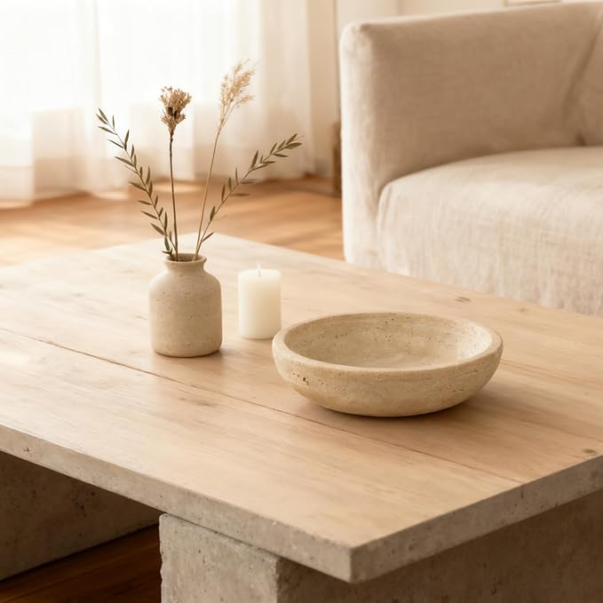 Handmade Travertine Stone Bowl | 7.8" Decorative Key & Fruit Bowl | Kitchen Counter, Dining Table Centerpiece, Entryway & Office Desk Decor (Beige)