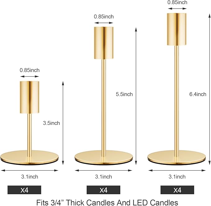 Set of 12 French Gold Taper Candle Holders Bulk Candlestick Holders, Decor Candle Stick Candle Holder for Table or Mantel Centerpiece, Wedding, Dinning, Party Home Decor