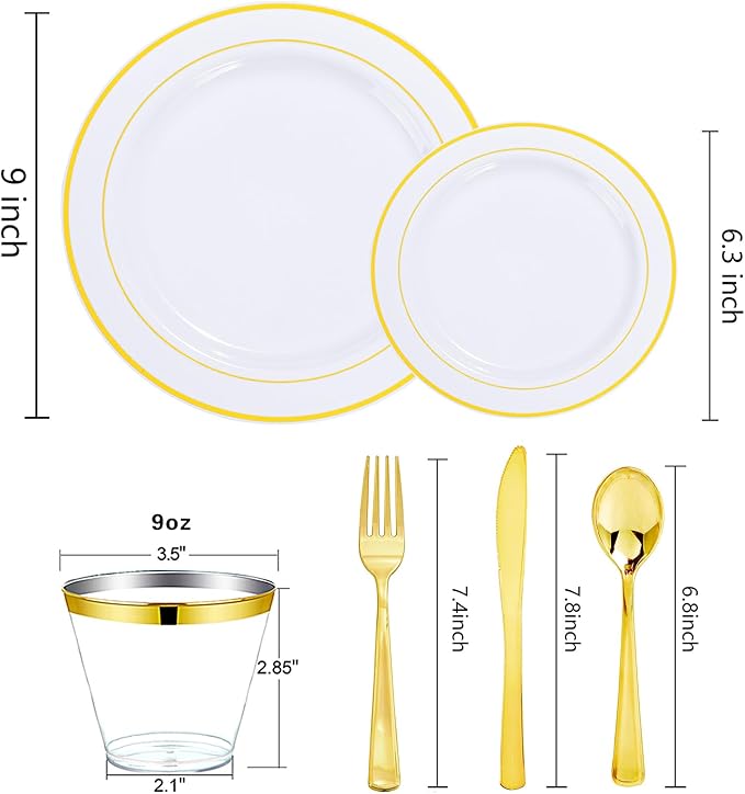 WELLIFE Gold Disposable Dinnerware Set for 100 Guests - 600PC BPA-Free Plastic Plates & Cutlery Kit with 100 Dinner Plates, Salad Plates, Forks, Knives, Spoons & Cups for Party, Catering (Heavy-Duty)