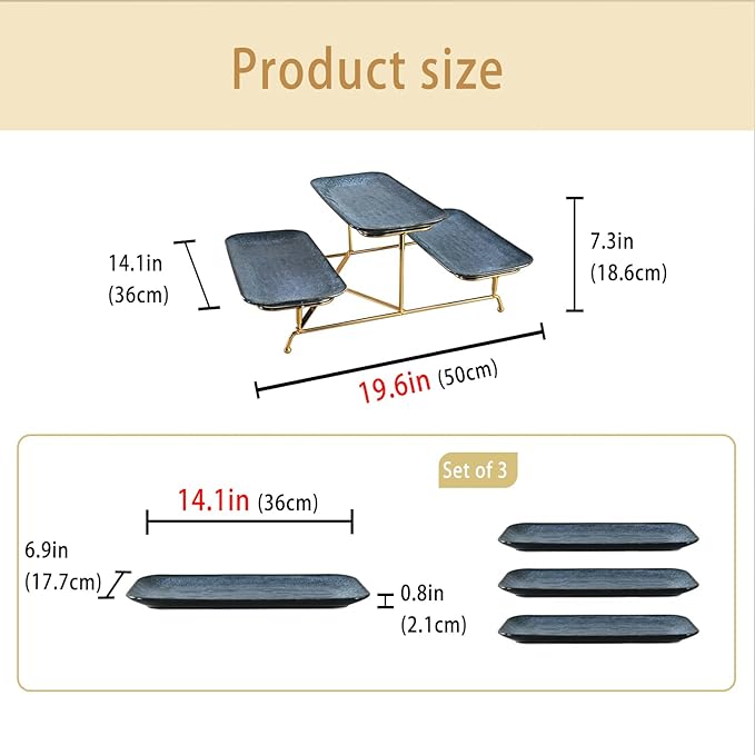 3 Tier Serving Trays for Party, 14.1 Inch Porcelain Serving Platters and Tiered Trays, Foldable Sturdy Gold Stand, for Food Display, Fruit, Cake Dessert, Decoration Entertaining, Blue