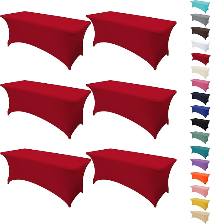 6Pack 6FT Table Cloth for Rectangular Fitted Events Stretch Red Table Covers Washable Spandex Tablecloth Protector for Party, Wedding, Cocktail, Banquet, Festival