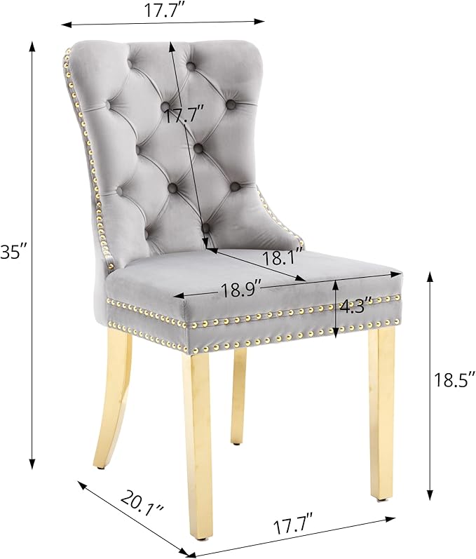 KCC Velvet Dining Chairs Set of 2, Upholstered High-end Tufted Dining Chair with Nailhead Back Ring Pull Trim Stainless Steel Legs, Contemporary Nikki Collection Modern Style for Kitchen, Light Gray
