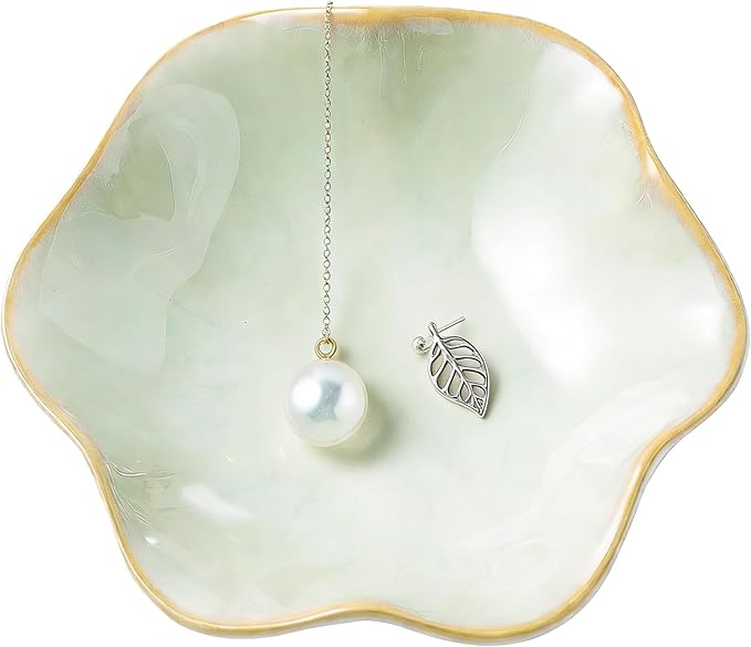Jewelry Dish Tray - Ceramic Trinket Tray for Rings, Keys, Earrings | Decorative Key Bowl for Women, Gift for Friends, Sisters, Daughter, Mother, Lotus leaf shap, Jewelry Trays (Light Green)