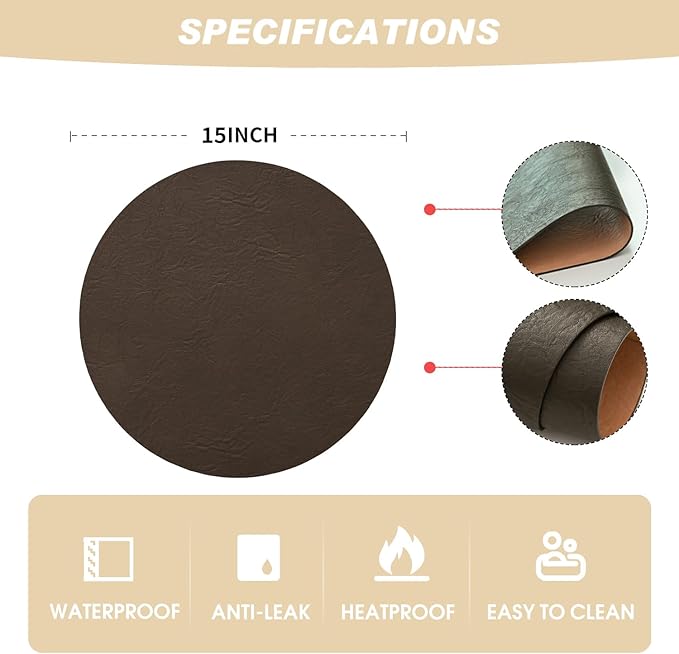 Artoid Mode Coffee Faux Leather Placemats Set of 4, 15 Inch Waterproof Wipeable Heat Resistant Vinyl Place Mats, Reversible Table Mats for Kitchen Dining Decor