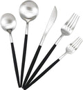 Gugrida Black Handle Matte Silver Silverware Set - 5-Piece 18/10 Stainless Steel Satin Finish Flatware, Kitchen Utensils, Tableware Travel Cutlery for Camping Office Lunch - Dishwasher Safe