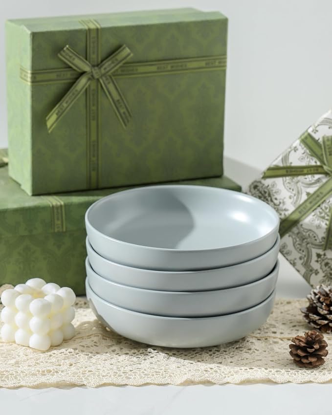 Pasta Bowls – Large Serving Bowls, 34oz Ceramic Plates Set of 2 for Salad, Pasta, Dishes – Microwave Safe, Cooking， Family Dinners, Couples & Parties，Grey
