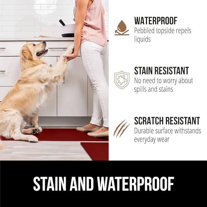 GORILLA GRIP 2 Pack Comfortable Cushioned Kitchen Mats for Floor, 17x24 + 17x48, Waterproof and Stain Resistant, 1/2 Inch Thick Soft Ergonomic Standing Desk Anti Fatigue Mat, Foam Supports Feet, Red
