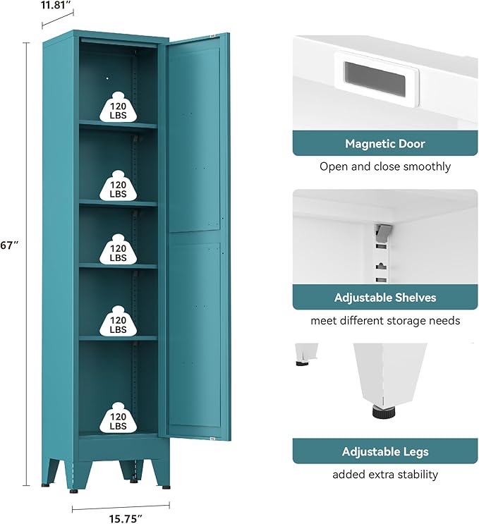 Narrow Metal Cabinet with 4 Adjustable Shelves and Barn Doors,Tall Bathroom Storage Cabinet, Metal Pantry Organizer for Kitchen,Home Office, Dining Room,Blue