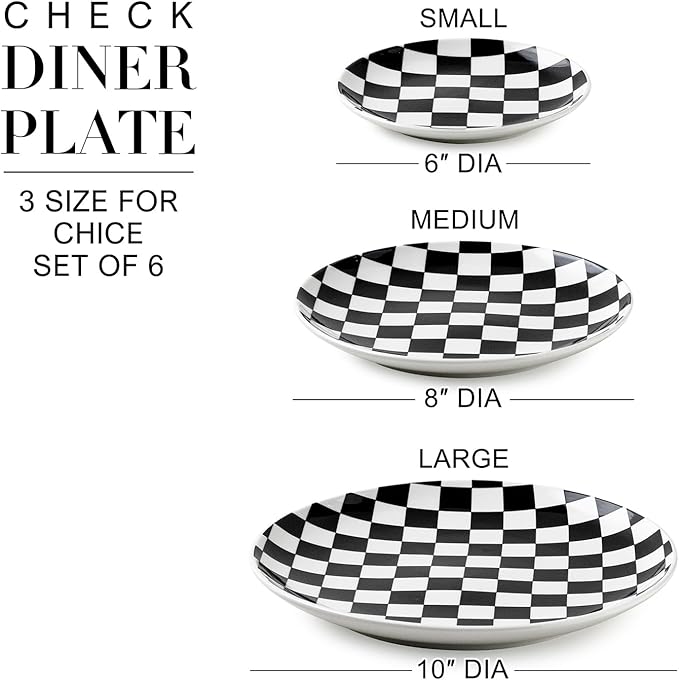 Ceramic Dinner Plates Set of 6-8 Inch Checkered Salad Plates, Microwave, Oven & Dishwasher Safe, Modern Minimalist Dessert Plates Geometric Black and White Plates for 6