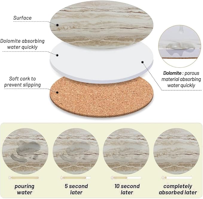 Ceramic Coasters Set of 6, Marble-Textured Design with Holder - Absorbent Cork-Backed Coasters for Cups, Bar & Coffee Table Decor Accessories (Khaki Marble, 4 Pack)