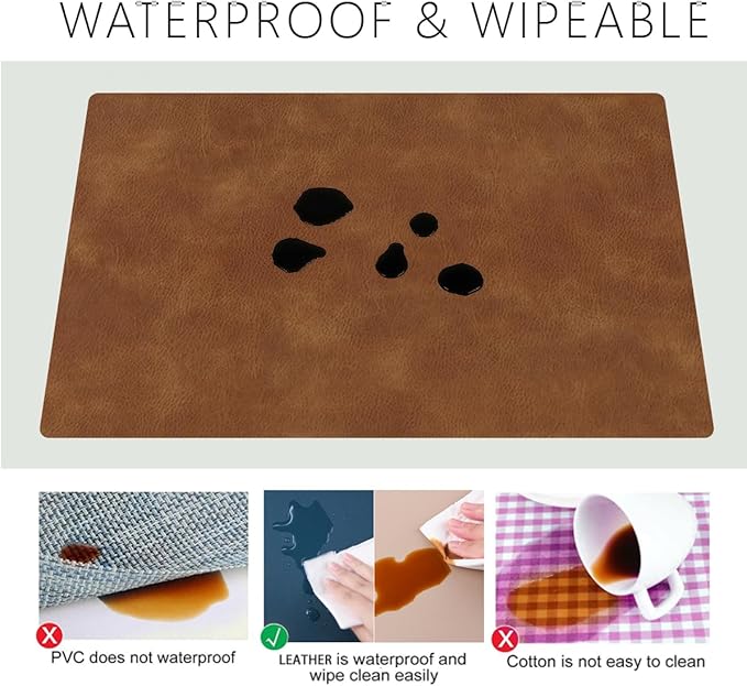 Faux Leather Place mats with Rounded Corners for Dining Table Set of 6,Waterproof&Heat-Resistant Table Mats,Washable&Non-Slip for Indoor&Outdoor-12" x17''-Brown