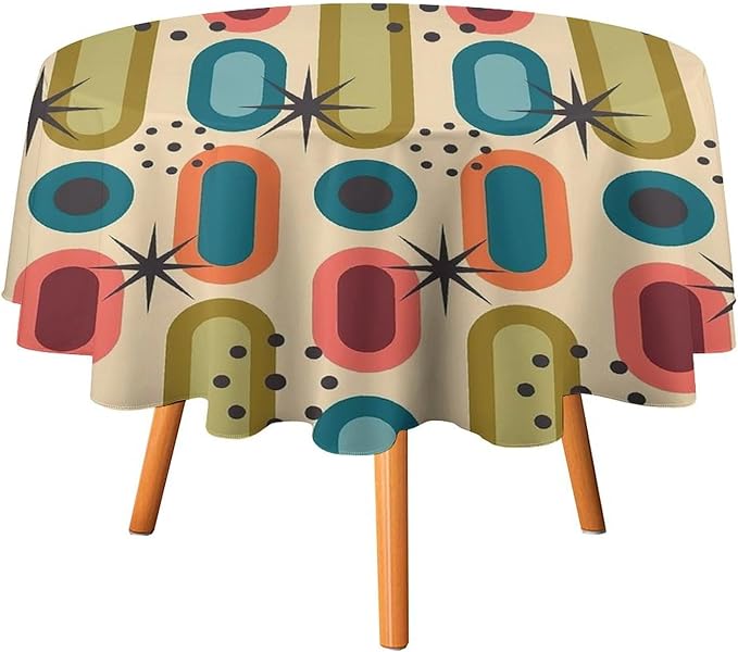 Mid Century Bohemian Round Tablecloth, Modern Medieval Geometric Abstract Print Tablecloth for Home Party Dining Room Kitchen Decor 50Inch(127cm)