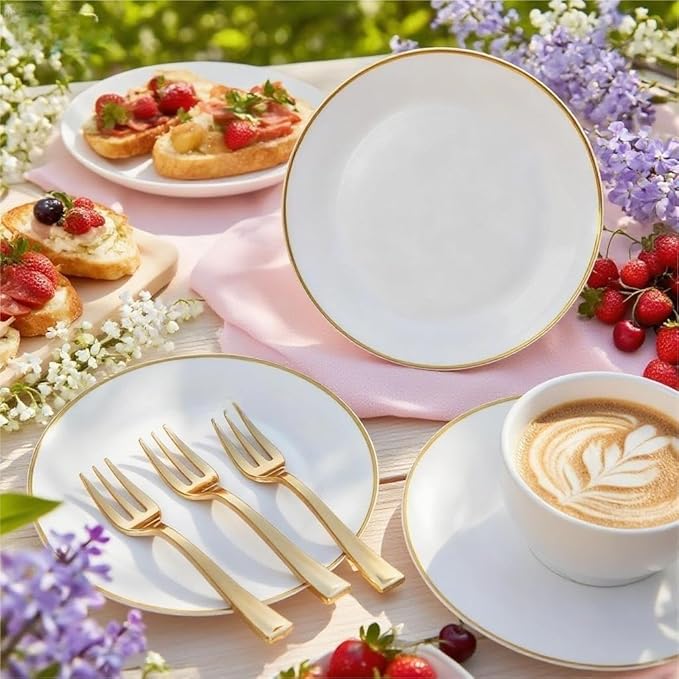Festiva 200Pcs Gold Dessert Plates 6.3" with Forks 5"- Small Disposable Dessert/Cake/Appetizer Plates Plates- serve 100 guests include 100Plates 100Forks for Wedding & Easter Party &Valentine's Day