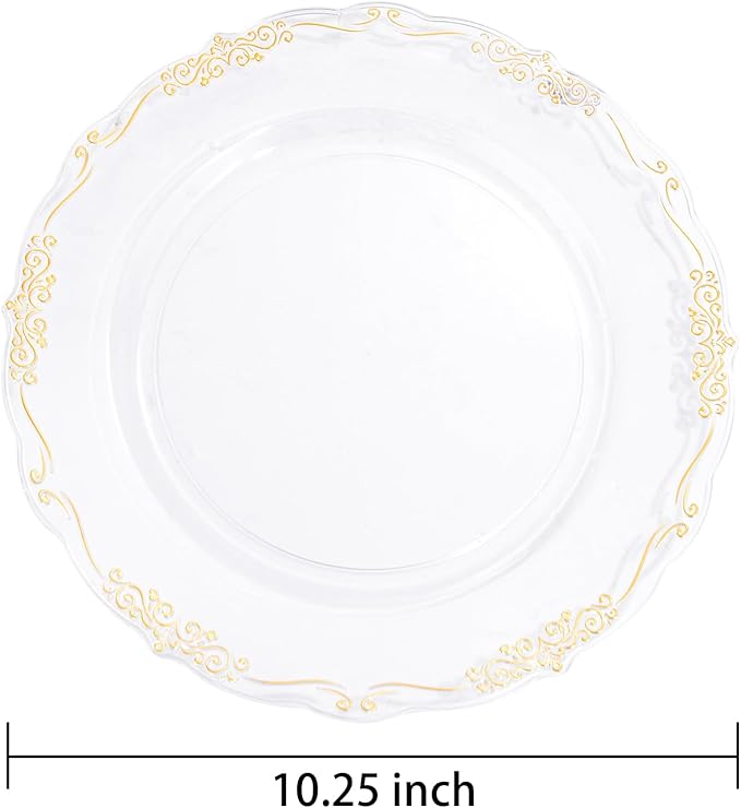 DaYammi 60PCS Clear Gold Plastic Plates Fancy Heavy Duty Clear Disposable Plates Premium 10.25inch Dinner Plates with Gold Rim Hard Plastic Plates Disposable for Party and Wedding