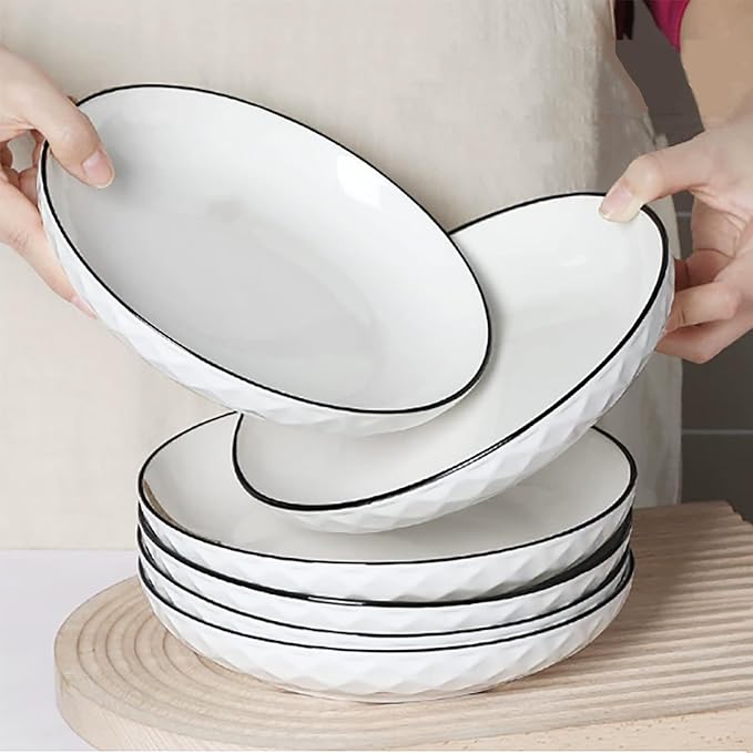 Ceramics Pasta Bowls, 6 Pack 8 inches 20 Oz Large Salad Serving Bowls, Shallow Salad Bowls,ceramics Deep Plates,Microwave Dishwasher Safe,White (rhombus)